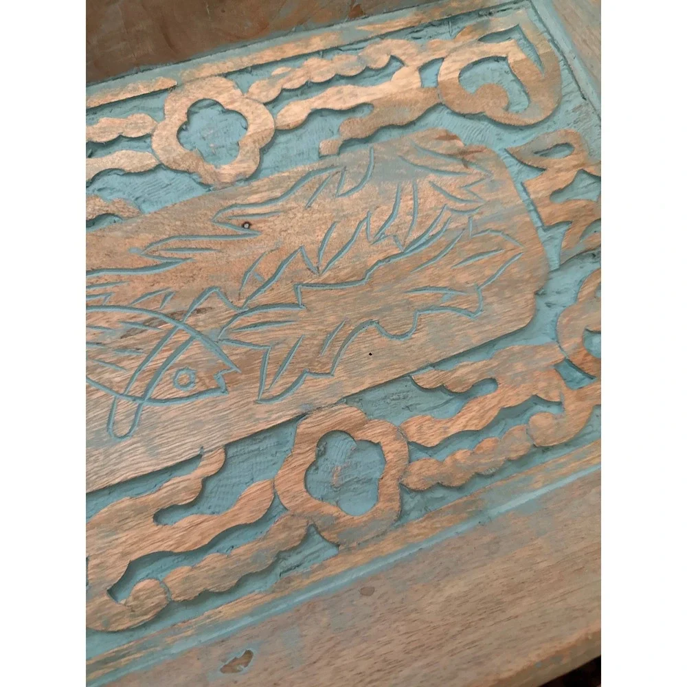 Hand Carved Wooden Nesting Tray Set Distressed Teal Blue‎ Rustic Decorative 2pc